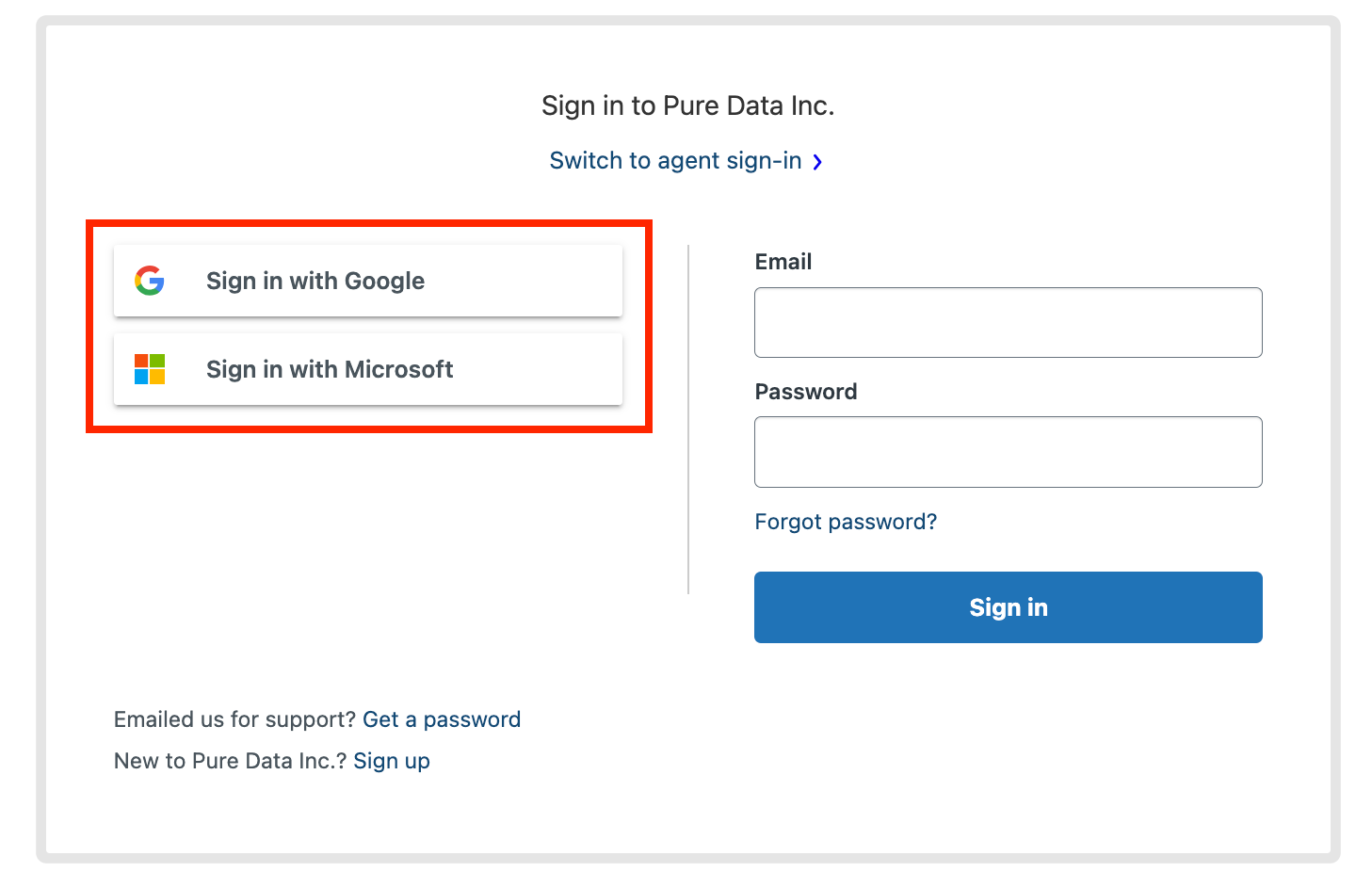 Pure Data sign-in page showing Google and Microsoft sign-up options