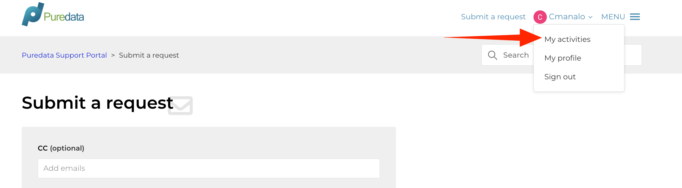 User profile menu showing My Activities option