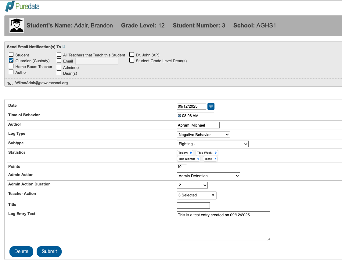 Edit log entry form with Submit button