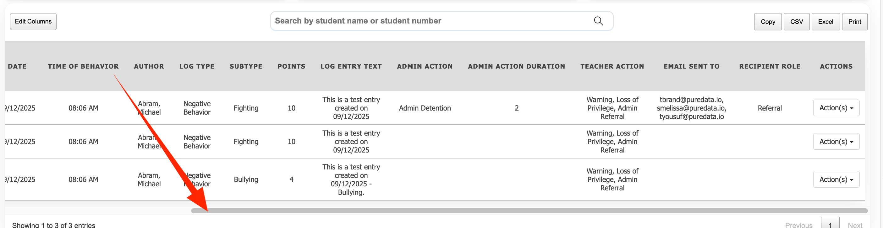 Horizontal scroll bar for viewing Actions column