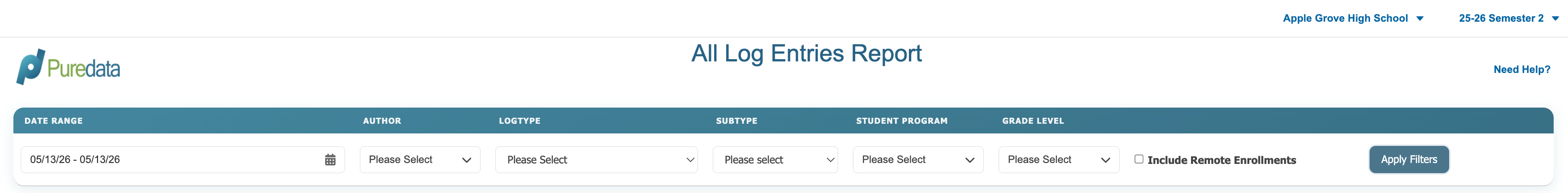 All Log Entries Report filters