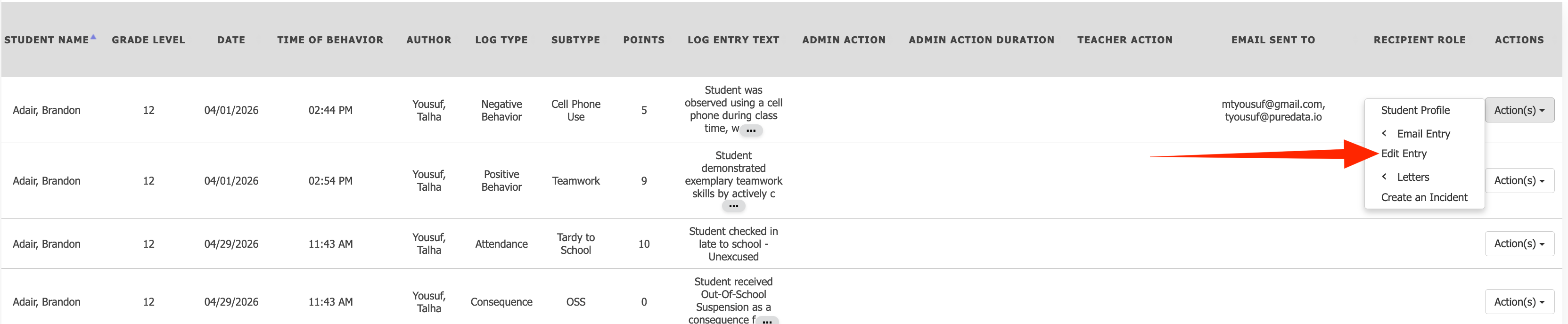 Actions menu with Edit Entry option